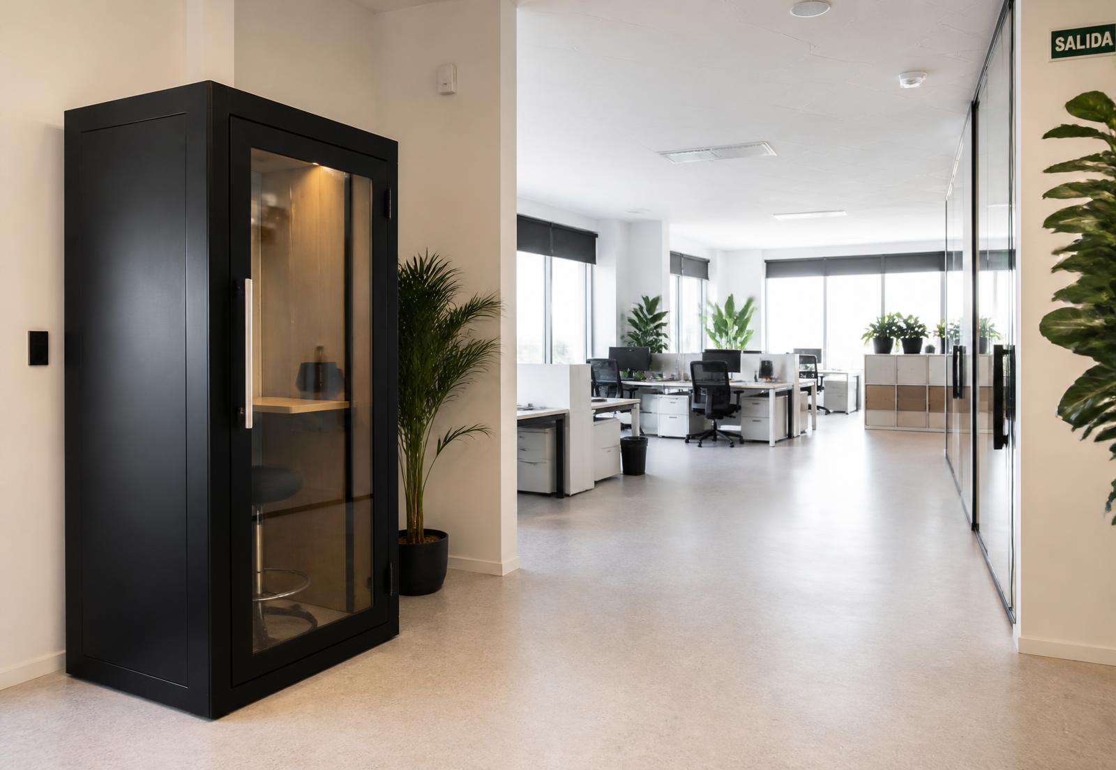 Cabina insonorizada instalada en una oficina abierta moderna