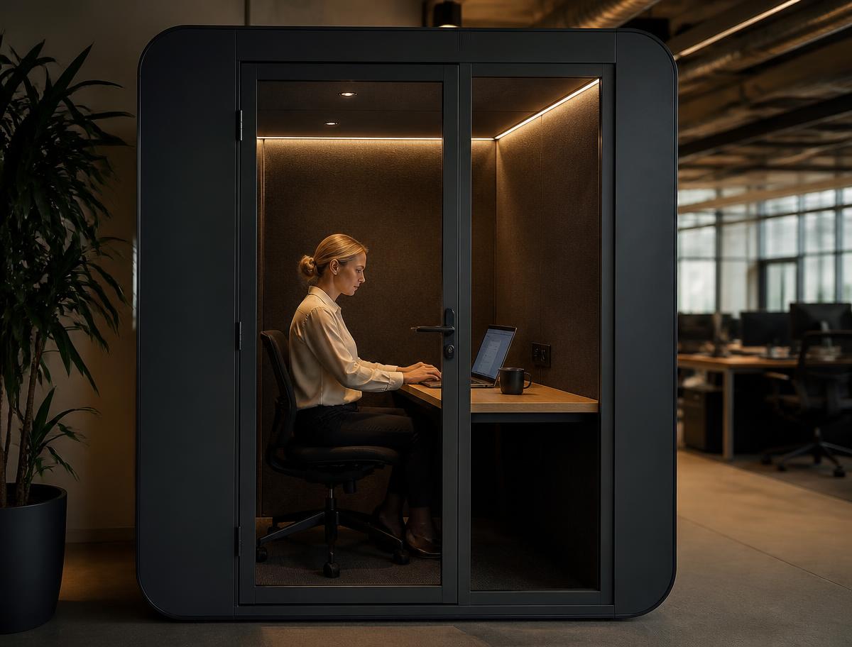 Cabina acústica VEGA BOX utilizada como espacio privado de trabajo